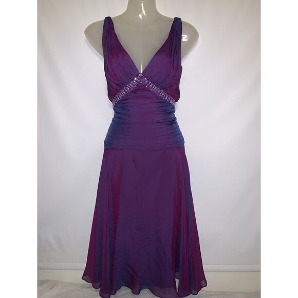 Vintage Tadashi Dress Size 8 Purple Iridescent Silk Beaded Flutter Skirt 90s Y2K - Picture 2 of 8